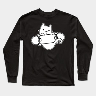 Cat and Skateboard Skateboarding Happy Cat Outline Long Sleeve T-Shirt